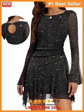 Sparkly Ruched Mini Homecoming Dress Bell Sleeve Ruffle Hem Sequin Mesh